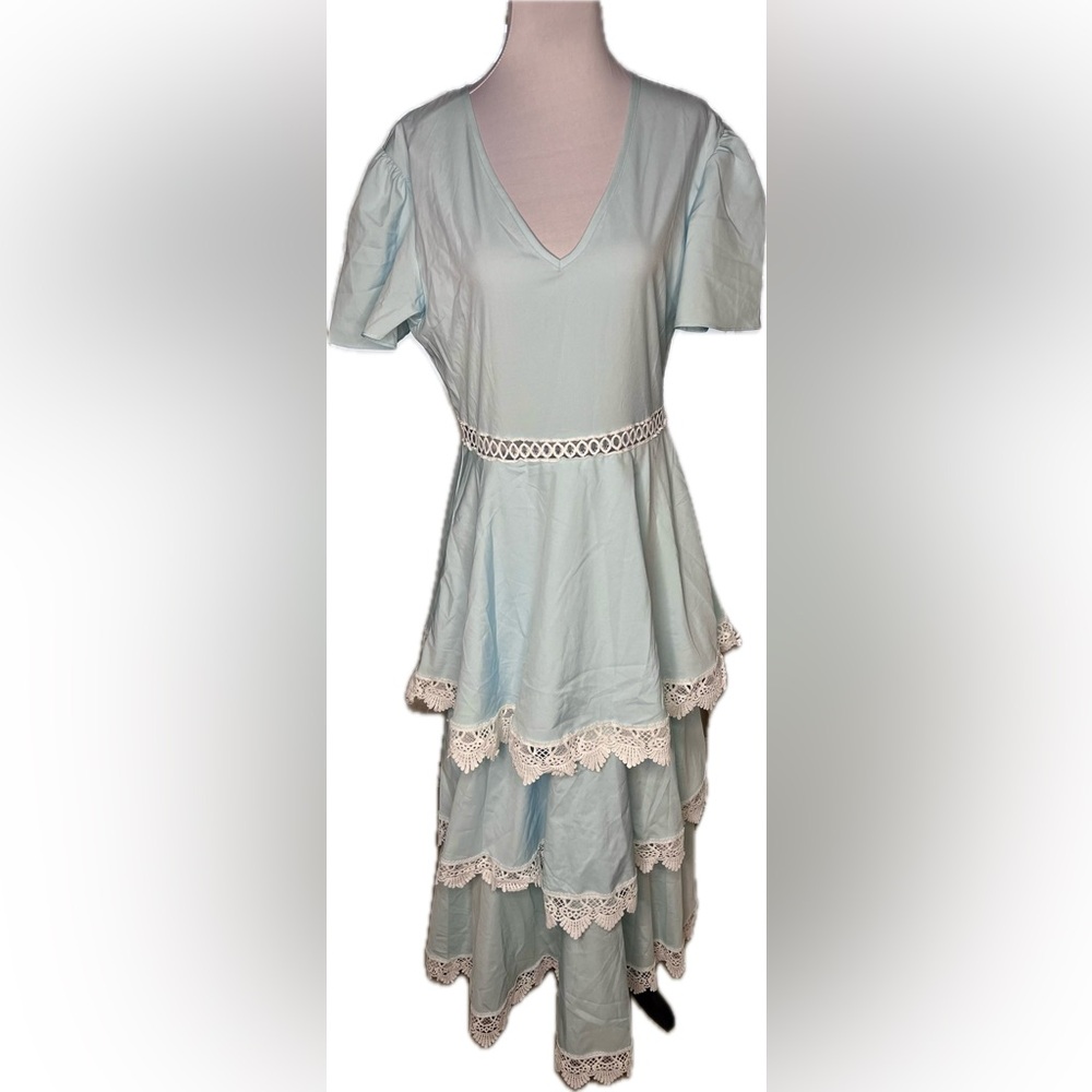 NWT Pretty Baby Blue Three-Tiered Dress with Bell Sleeves, Lace Embroidery Sz L